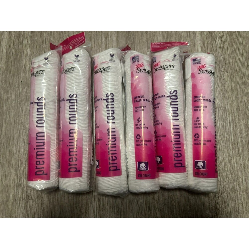 6x 100 Ct SWISSPERS Hypoallergenic Prem 100% Cotton Beauty Round - Total 600 Pad
